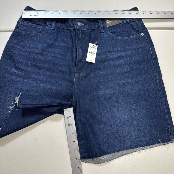 NWT EXPRESS Midi High Rise Womens Denim Jean Shorts Dark Wash Stretch Sz 12 New - Picture 9 of 9